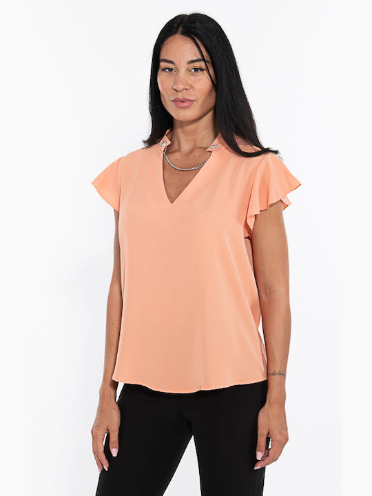 Donna Martha Damen Bluse Baumwolle mit V-Ausschnitt orange