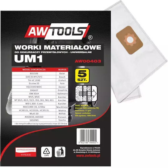 AWTools Σακούλες Σκούπας 5τμχ Συμβατή με Σκούπα Bosch / Einhell / Dexter / Karcher / Makita / Nilfisk