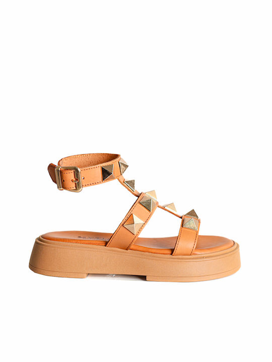 Mythia Flatforms Leather Women's Sandals with Ankle Strap Tabac Brown