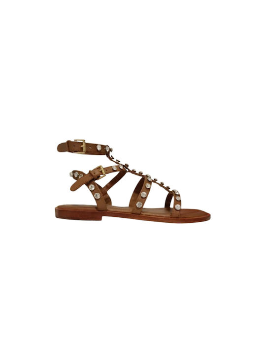 Emanuelle Vee Leather Women's Sandals with Strass Brown