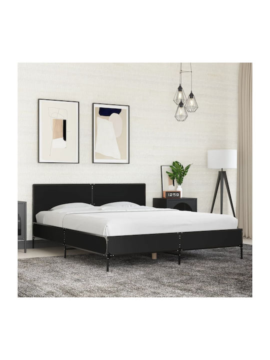 Double Wooden Bed Black with Slats for Mattress...