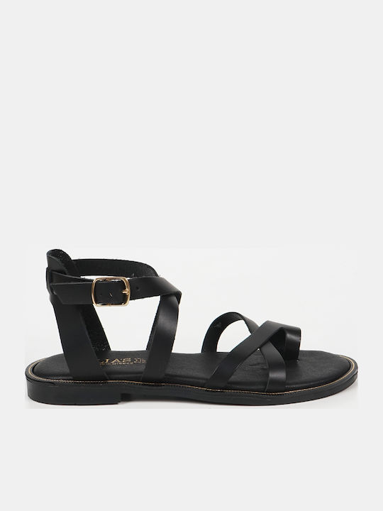 Leather Women's Flat Sandals in Black Color