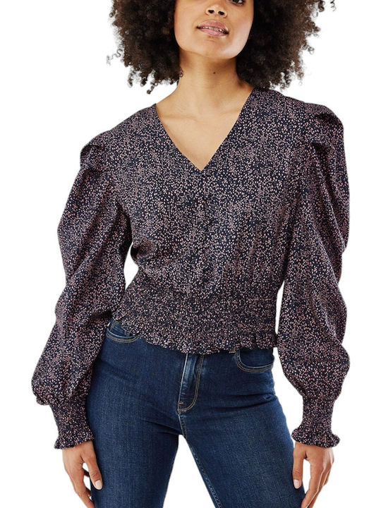 Women's Crop Top Long Sleeve with V Neckline Polka Dot Navy