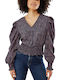 Women's Crop Top Long Sleeve with V Neckline Polka Dot Navy