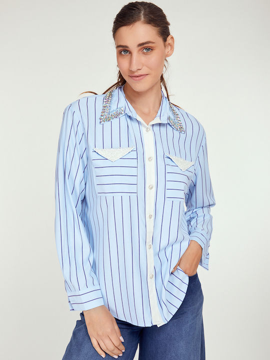 MyCesare Women's Striped Long Sleeve Shirt Light Blue
