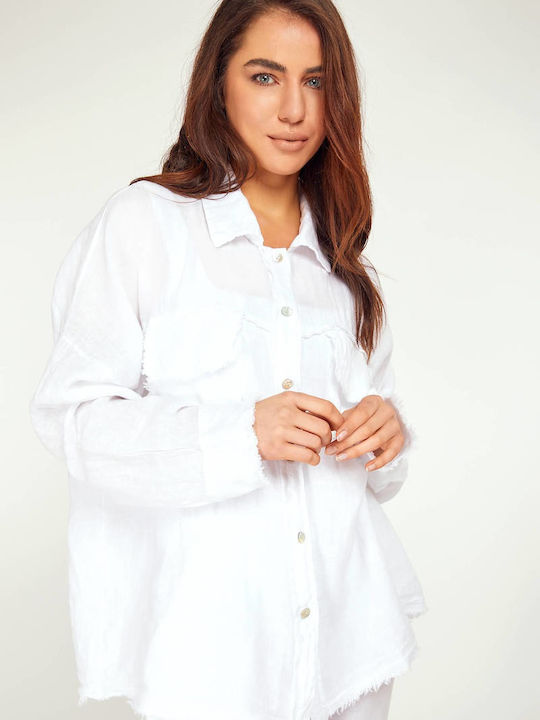 MyCesare Women's Linen Long Sleeve Shirt White