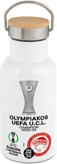 Olympiacos Winner Uefa Europa Conference League Champion 2023/24 Metal Thermos Bottle Stainless Steel White Wooden Lid Bamboo Double Wall 350ml