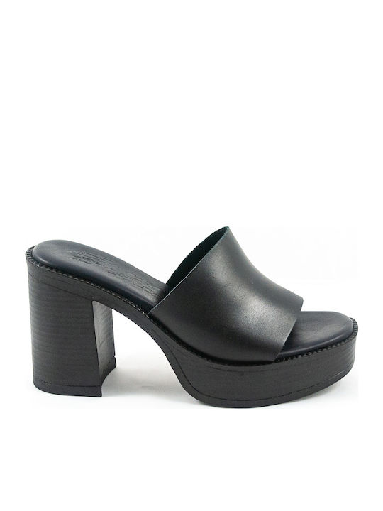 Leather Mules with High Heel in Black Color