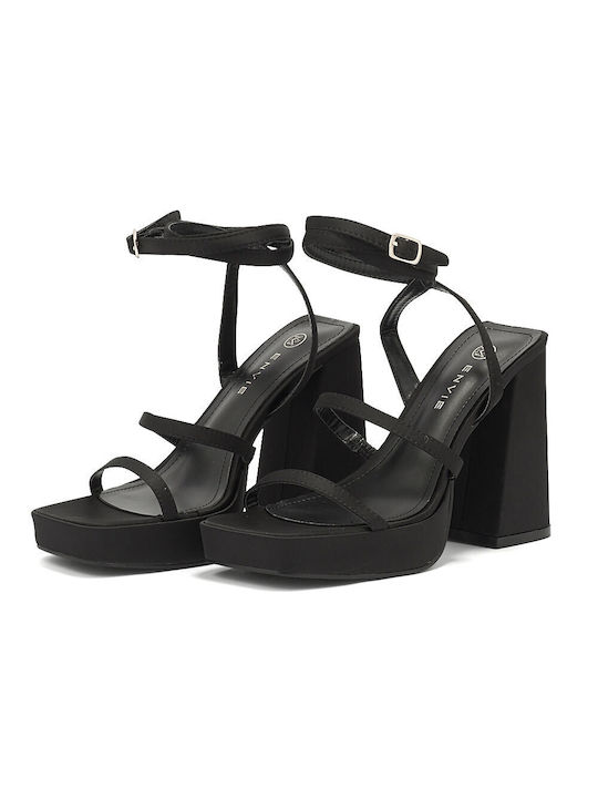 Envie Shoes Fabric Women's Sandals Black with High Heel