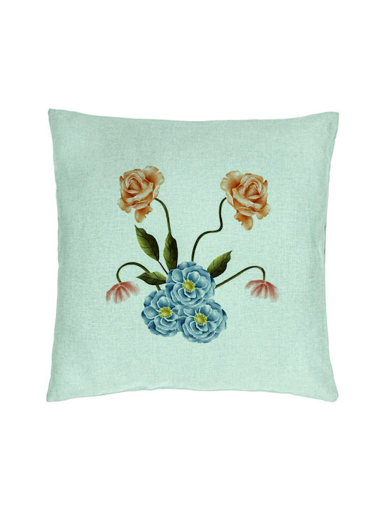 Decorative Cushion Mint Green Blue Floral Design 40x40 Cm Mint Green Removable Cover Piping