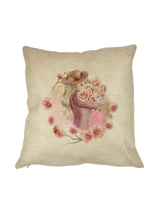 Square Decorative Pillow Flower Lady 40x40 Cm Removable Cover Piping