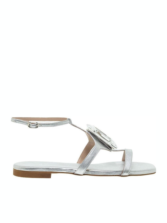 Mourtzi Leather Women's Flat Sandals in Silver ...
