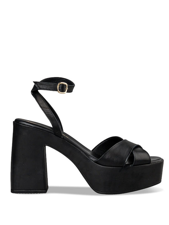 Envie Shoes Δερμάτινα Γυναικεία Πέδιλα με Χοντρό Χαμηλό Τακούνι σε Μαύρο Χρώμα