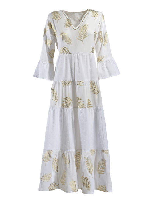 Long Sleeve White Dress with Gold Details One Size 100% Cotton