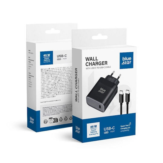 Blue Star Φορτιστής με Θύρα USB-C και Καλώδιο USB-C - USB-C 45W Power Delivery / Quick Charge 4.0 Μπλε