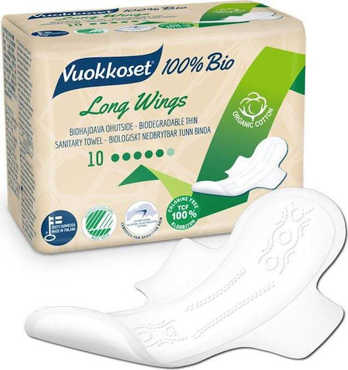 Vuokkoset Vuokkoset 100% Bio Sanitary Pads Long Wings 10pcs Vuk5857