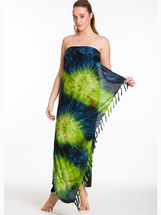 Pareo with Print with Print and Fringes Green