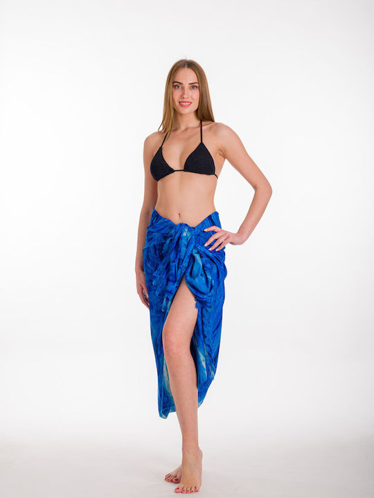Pareo with Print with Print and Fringes Blue