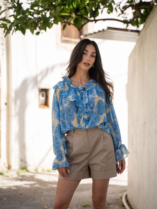 Ezzea Damen Bluse mit Knöpfen Blumen Blau