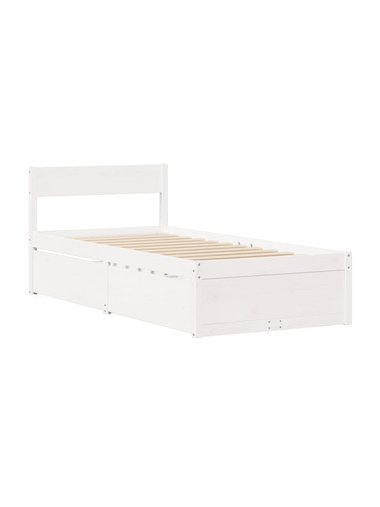 Κρεβάτι Μονό από Μασίφ Ξύλο Λευκό με Αποθηκευτικό Χώρο & Τάβλες για Στρώμα 90x190cm