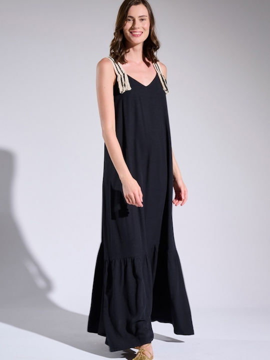 Matis Fashion Maxi Φόρεμα με Βολάν Μαύρο