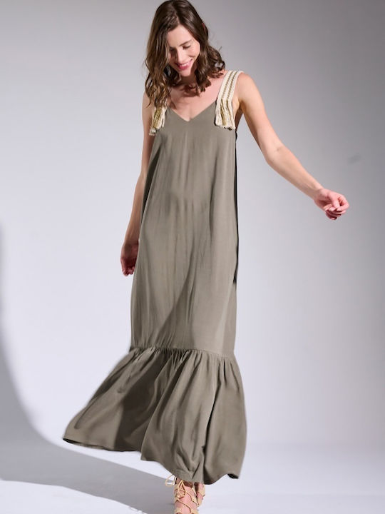 Matis Fashion Maxi Φόρεμα με Βολάν Πράσινο