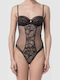 Lingerie Spaghetti Strap Bodysuit with Mesh & Lace Black