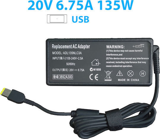 Τροφοδοτικό Laptop Lenovo Ideapad Y40-70 Y50 Y50-70 Y50-70am-ifi Y70-70 20v 6.75a 135w Dc Size Usb Adlx135sdc3a
