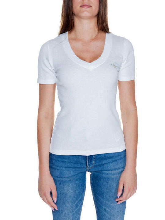 Calvin Klein Damen T-Shirt mit V-Ausschnitt Weiß