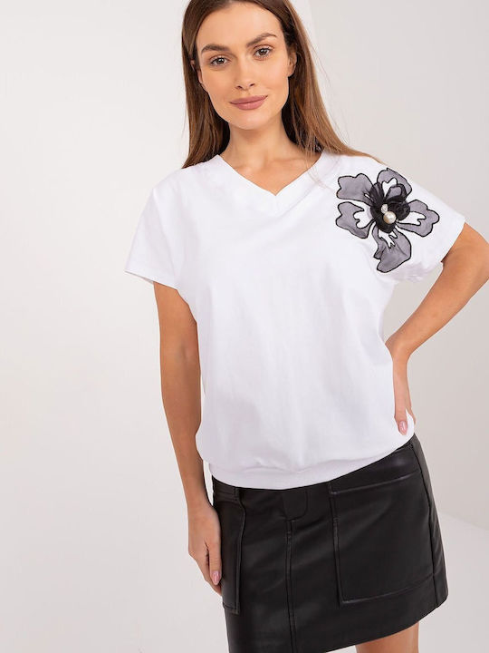 BFG Damen Bluse Baumwolle Blumen Weiß