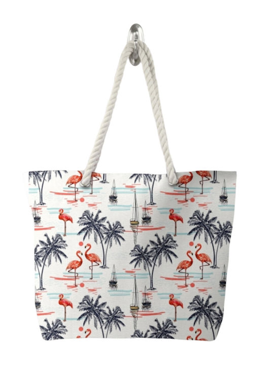 Stoff Strandtasche mit Hut mit Flamingo Weiß