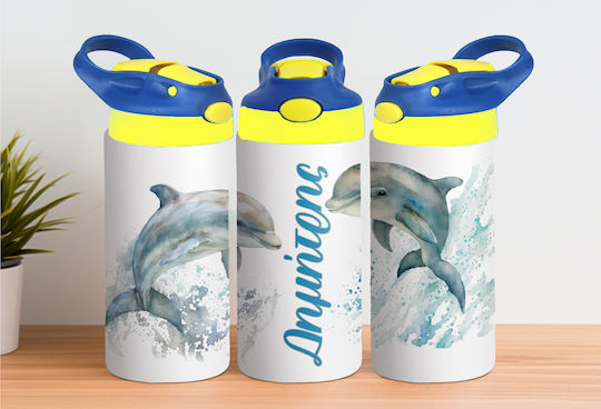 Kinder Thermosflasche 360 ml Edelstahl Zweifarbiger Deckel Delphin Design Name Dimitris Gelb Blau