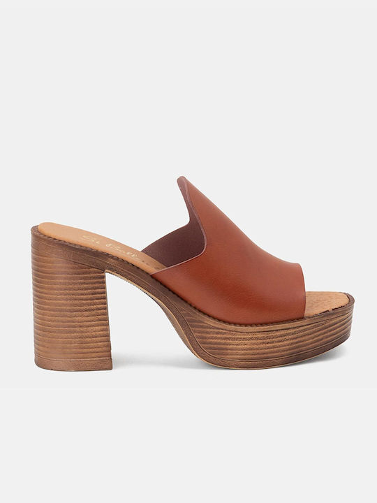 Bozikis Chunky Heel Leather Mules Tabac Brown