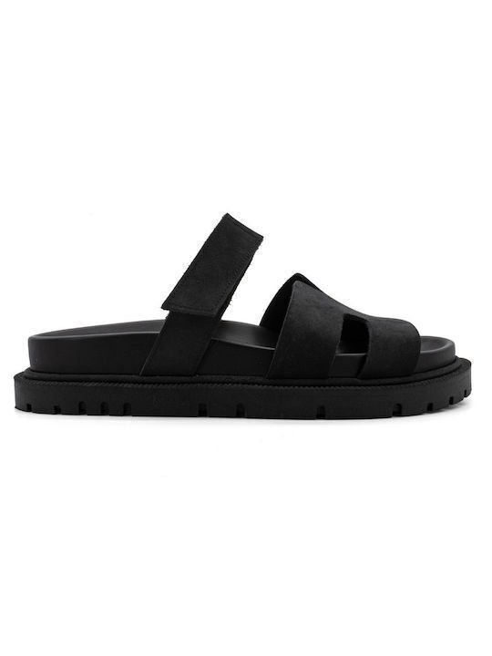 IRIS Leather Women's Flat Sandals Flatforms in Black Color