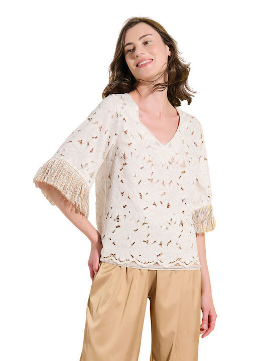 Matis Fashion Damen Sommerliches Crop Top Baumwolle Kurzärmelig mit V-Ausschnitt Beige