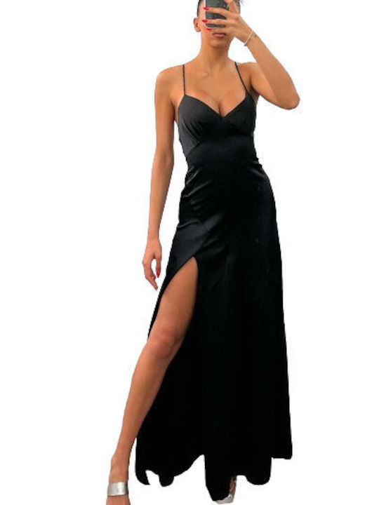 Chica Maxi Φόρεμα Σατέν με Σκίσιμο Μαύρο