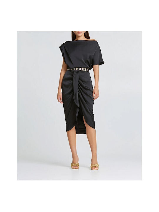 Lynne Satin Midi Skirt in Black color