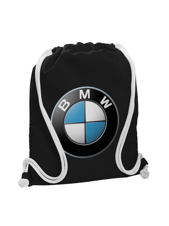 Bmw Τσάντα Πλάτης Πουγκί Gymbag Μαύρη Τσέπη 40x48cm & Χονδρά Λευκά Κορδόνια