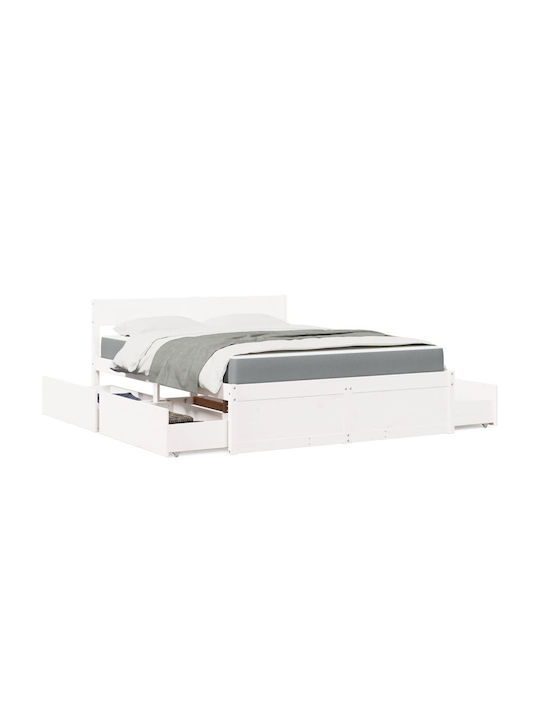 Κρεβάτι Διπλό από Μασίφ Ξύλο Λευκό με Τάβλες & Στρώμα 140x200cm