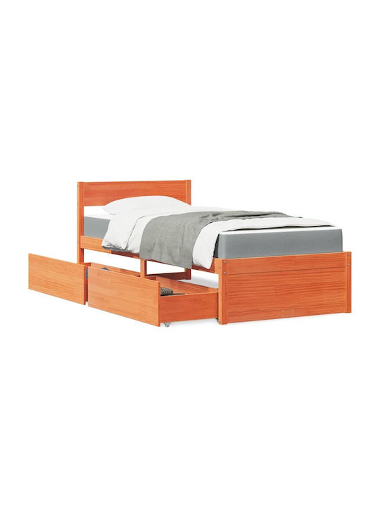 Κρεβάτι Μονό από Μασίφ Ξύλο Καφέ με Τάβλες & Στρώμα 100x200cm
