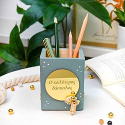 Wooden Pencil Holder "The Best Teacher" Blue-Green