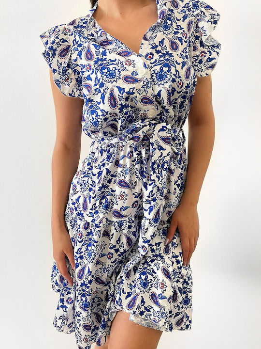 Sara White Mini Empire Printed Dress with Ruffles