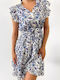 Sara White Mini Empire Printed Dress with Ruffles