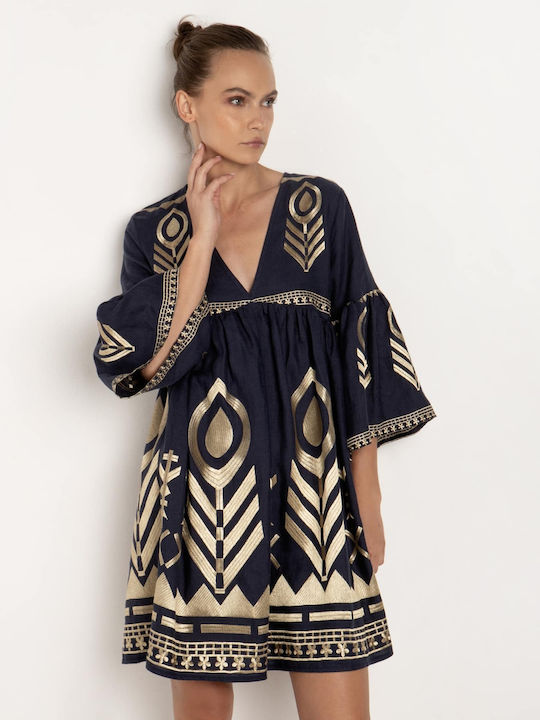 Greek Archaic Kori Rochii de vară pentru femei Mini Rochie Navy Blue/Gold