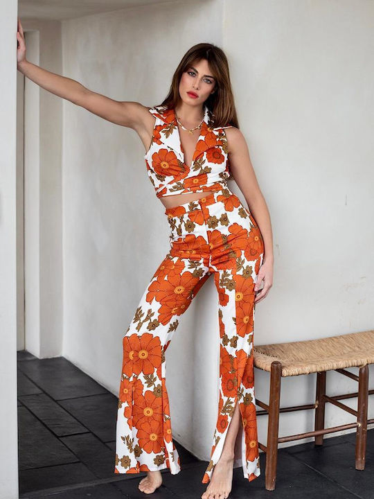 Abstracto Clothing Damen Stoff Hose Blumen Orange