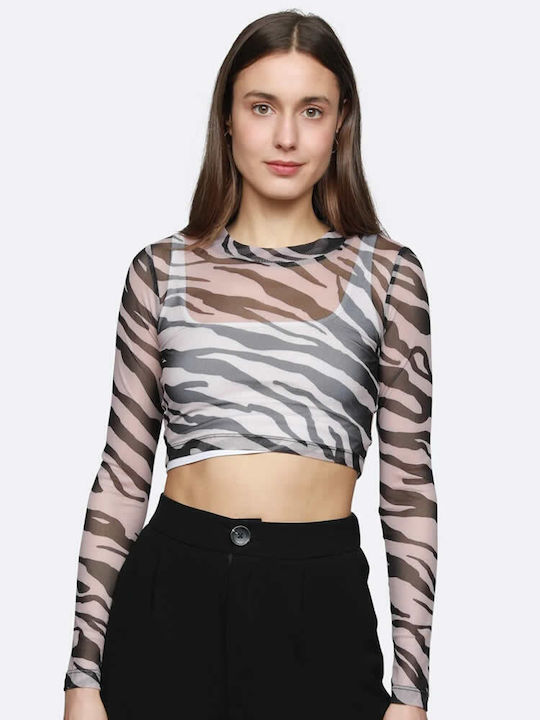 On Women's Blouse with Sheer Animal Print Black