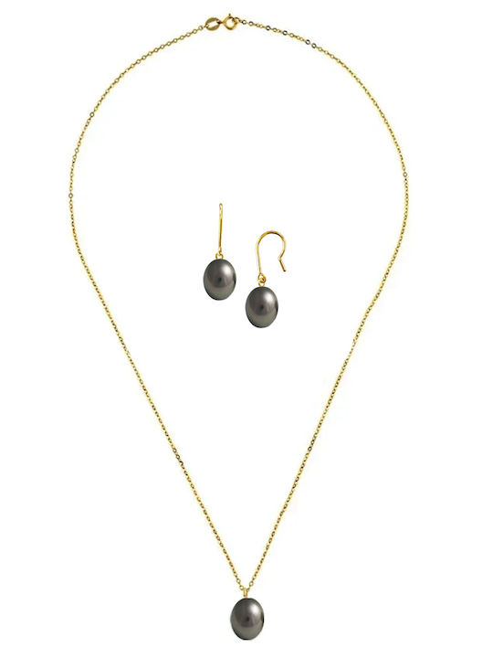 Margaritari Gold Set Necklace , Earrings & Pendant with Pearls 14K