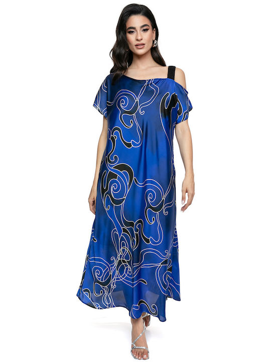 Long Blue Abstract Pattern Dress with Open Shoulders