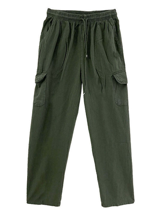 Men's Linen Cargo Trousers with Elastic Waistband