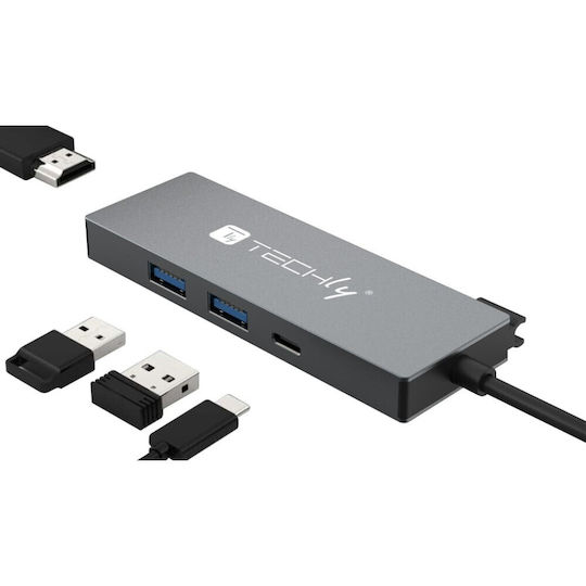 Techly USB-C Docking Station με HDMI 4K PD Ασημί (IUSB32C-HUB4HPD)
